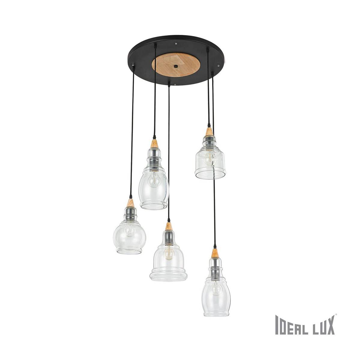 IDEAL LUX Gretel 5L E27 blown glass + wood pendant lamp