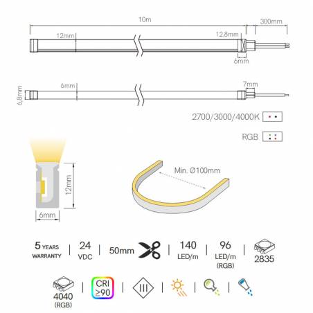 Striscia LED NEON FINE-74 10W/m 4000K 24V 10mt BENEITO FAURE SMD2216 IP67