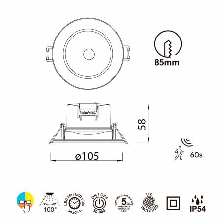 Foco empotrable Yucatan LED sensor PIR IP54 - Mantra